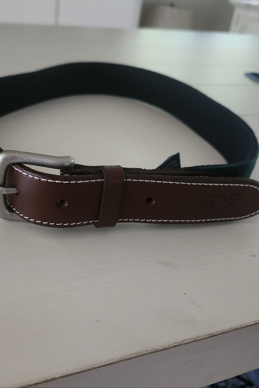 Vineyard vines Men's Brown Leather-Trim Green Fabric Belt - Classic Casual